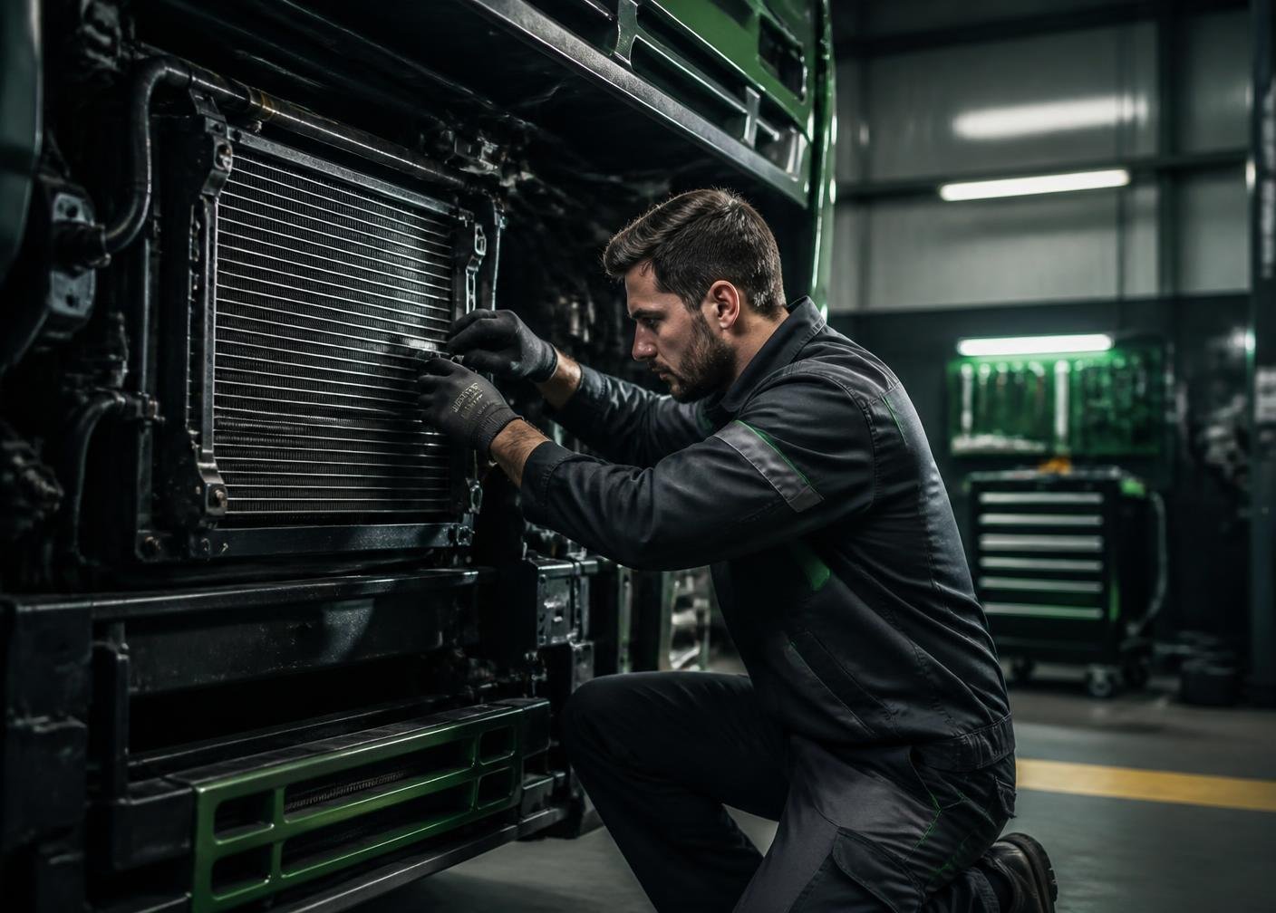 Técnico realizando manutenção em radiador de veículo pesado